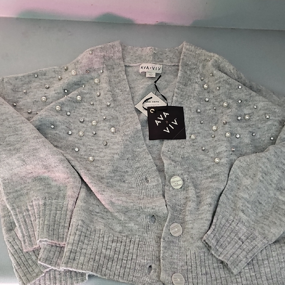 Ava & Viv Light Gray Knit Cardigan with Pearl Details